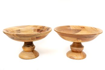 Pair Of Smith & Hawken Natural Pedestal Wooden Bowls