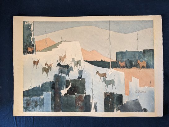 Signed O. Fuston Modernist Landscape Watercolor Painting