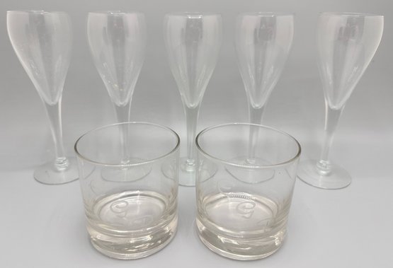 5 Wine Glasses & 2 Monogramed Lowball Drinking Glasses