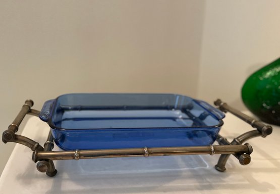 Vintage Pyrex Cobalt Baking Dish And Silver Plated Bamboo Rack/Holder