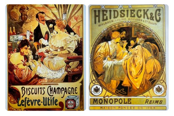 Vtg Pair French Poster Art Nouveau Mucha