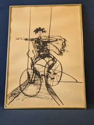 Pencil Signed Lithograph Of Man On Bicycle