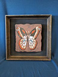 Peggy Nagel 1970s Framed Art Pottery Tile Butterfly
