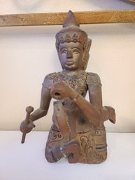 Vintage Thai Gilt Wood Musician Figurine With Drum