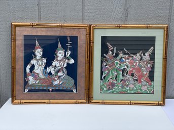 1998 Pair Of Asian India Painting On Silk Diptych Custom Wood/Faux Bamboo Framed