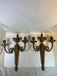 Pair Of Antique French Bronze Double Arm Candle Sconces