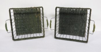 Pair Of Woven Green Macrame Storage Baskets, Harvest Baskets