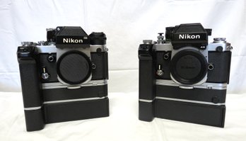 2 Nikon F2 Cameras With MB-1 Battery Holders MD-1 And MD-1/2 Motor Drives