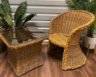 Wicker Barrel Chair & Side Table W/ Smoked Glass Top