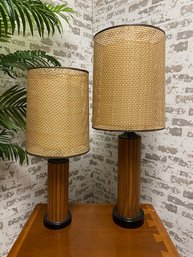 Vintage MCM Slatted Walnut Table Lamps W/ Wooden Shades