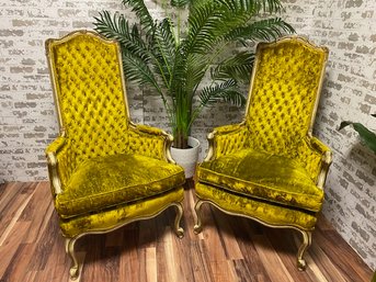 Incredible Pair Of Vintage Hibriten Chair Co. High Back French Provincial Button Tufted Armchairs
