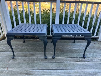 A Pair Of High End, Cast Iron, Outdoor Metal Side Tables With Basket Weave Design From Patio.com