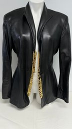 A GIANFARANCO FERRE Leather Coat With Gold Accent Rings Size 46 - Made In Italy
