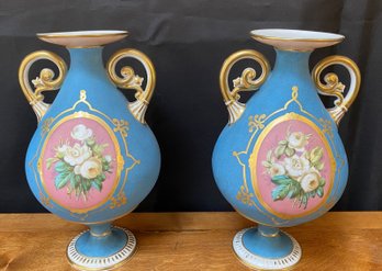 A Pair Of Vintage French Style CELESTE Hand Painted Vases