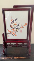 An Antique Double-Sided Chinese Embroidery Screen With Birds In Carved Wooden Frame On Stand