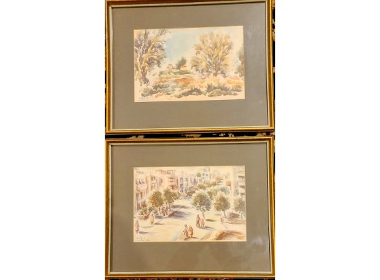 Two Original Signed Watercolors Of Scenes From Gilboa, Israel 1952