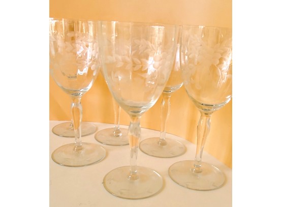 Six Crystal Beautifully Etched Wine Glasses In A Floral Design