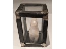 Unusual Heavy Metal (Pewter?) Glass Cage With Carved Stone (Alabaster ?) Figurine Of  Bird