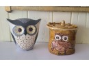 Two Adorable Ceramic Owls, One A Cookie Jar With Lid