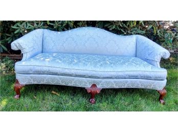 Stunning Baby Blue Damask Camelback Sofa -in Very Good Condition
