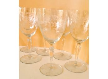 Six Crystal Beautifully Etched Wine Glasses In A Floral Design