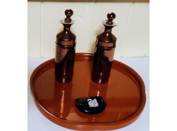 Royal Worcester Porcelain Decanters With Stoppers Painted Wit Swan Paperweight And Tray