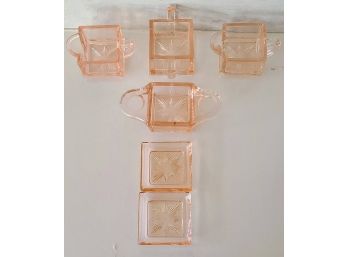 Four Vintage Pink Depression Glass Caddies And Two Lids