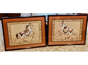 Pair Of Chinese Silk Screen Paragon Horses Beautifully Framed