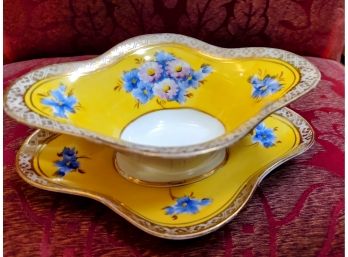 Vintage Noritake Hand Painted Bright Yellow With Baby Blue Flowers  Gravy Boat/Serving Dish