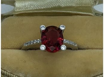 Very Pretty 925 / Sterling Silver Ring  With Garnet And Four Small White Topaz Inset Into Prongs - Very Nice !