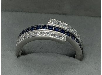 Fabulous Sterling Silver / 925 Bypass Ring With Channel Set Sapphire And White Zircons - Brand New Ring !