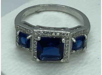 Fabulous Art Deco Style Sterling Silver / 925 Ring With Triple Sapphire And White Zircons - Very Pretty