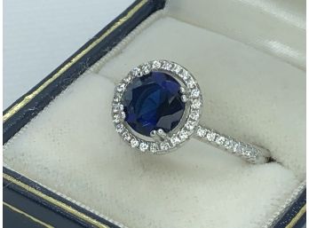Wonderful 925 / Sterling Silver Ring With Sapphire Encircled With White Zircons - Very Pretty Ring - NEW !