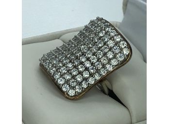 Very Pretty 925 / Sterling Silver Shield Ring With Gold Overlay With Pave Cubic Zirconia - Very Pretty !