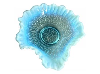 Antique Early 1900's  Blue Jefferson Glass Opalescent Ruffled Bowl Many Loops Pattern