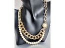 Chunky Gold Tone Link & Elegant Faux Pearl Fusion Necklace