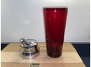 Gorgeous Vintage Cranberry Cocktail Shaker With 8 Cranberry Glasses Gold Trim Shelton Silver Co. Shelton, Conn