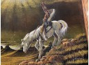 Vintage Signed Ernesto Sanchez Painting On Black Velvet Native American Indian & Horse. Original Frame.