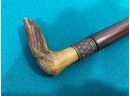 Antique Cane With Horn Handle, Basketweave Collar, And Metal Tip. Measures 36 3/8' Long.
