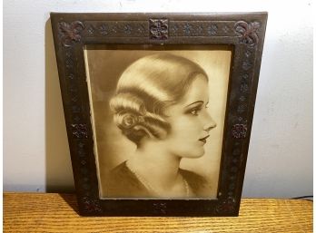Antique Art Deco Leather Frame With (2) 1932 Ross Female Head Prints. The American Hair Dresser.