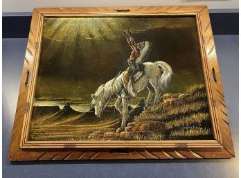 Vintage Signed Ernesto Sanchez Painting On Black Velvet Native American Indian & Horse. Original Frame.