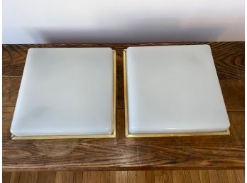 Pair Of Extraordinary Mid-Century Square Glass Ceiling Light Fixtures With Gold Trim. Flush Mount.