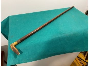 Antique Cane With Horn Handle, Basketweave Collar, And Metal Tip. Measures 36 3/8' Long.