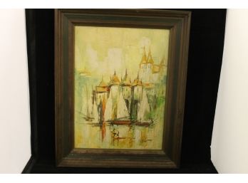 1950s Mid Century Oil On Canvas Mounted To Wood Original Painting  - Artist Signed, We Could Not Make Out