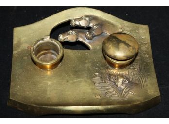 Unusual German Fox Hunt Or Wolf Brass Double Ink Well Desk Caddy With Die Cut Horse Motif -missing One Ink Lid
