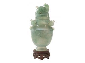 Authentic Jadeite Jade Mounted Dragon And Birds Floral Lidded Vase With Original Box