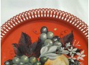 Vintage Tin Pierced Decorative / Functional Round Tray - Red Tray With Handpainted Fruit Motif