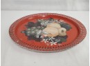 Vintage Tin Pierced Decorative / Functional Round Tray - Red Tray With Handpainted Fruit Motif
