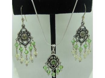 Sterling Silver & Green Swarovski Crystal Pendant Necklace With Matching  Earrings  Set