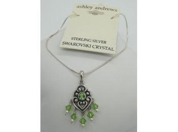 Sterling Silver & Green Swarovski Crystal Pendant With Necklace 16'